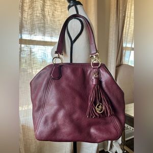 Michael Kors Maroon Pebbled Leather Tassled Shoulder Bag